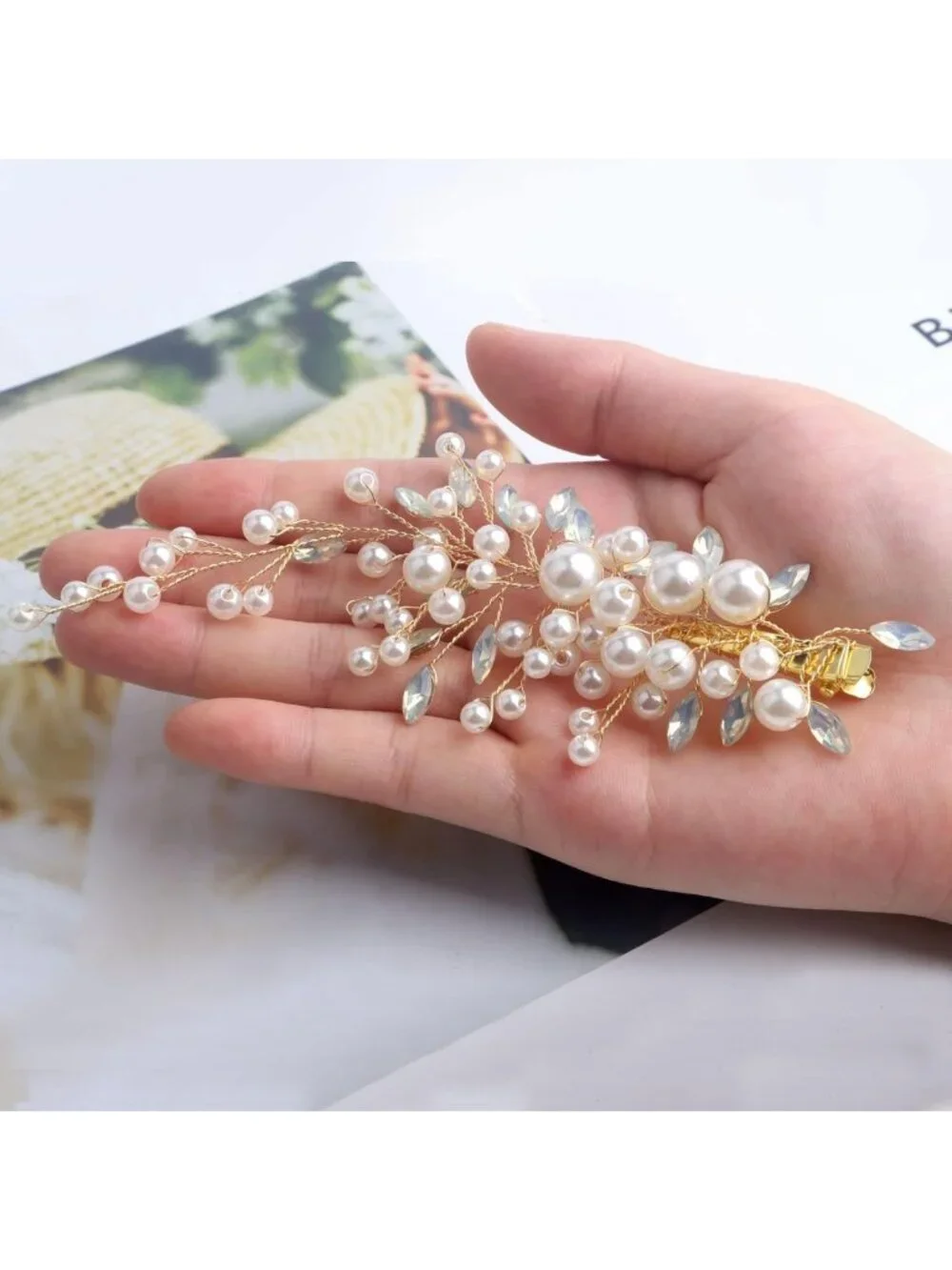 Elegant Pearl & Rhinestone Alligator Hair Clips for Weddings, Set of 2, Gold